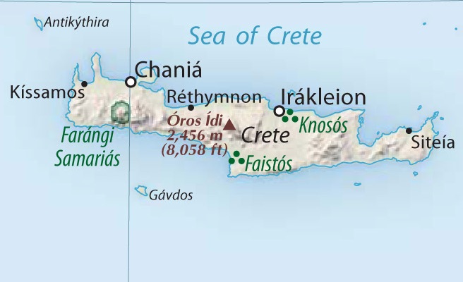 The Palace of Knossos (Knosós) is near the modern-day city of Heraklion (Irákleion) on the island of Crete. CREDIT: CIA World Factbook