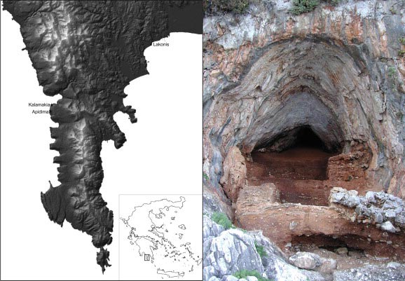 Map of Greece (left) showing the approximate position of Kalamakia cave (right, shown with excavated sediments) and other sites with human remains in the Mani peninsula.  Credit: Katerina Harvati et al.