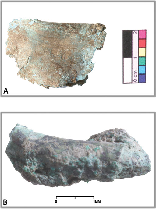 Fifth millennium BC tin bronze artefacts from Vinca culture sites in Serbia: (A) tin bronze foil from Plocnik, securely dated to c. 4650 BC; (B) tin bronze ring from Gomolava, tentatively dated to the mid ﬁfth millennium BC