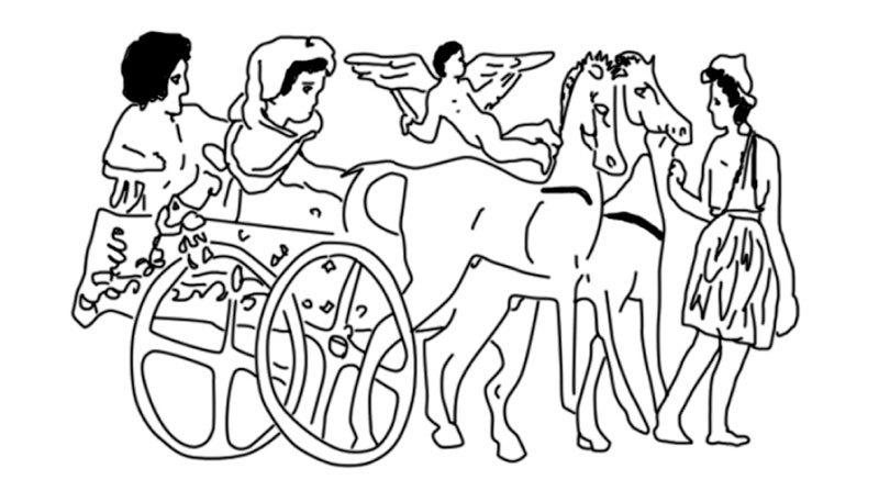Fig. 1: Main scene of a red-figure pyxis representing a wedding procession on a two-wheeled cart drawn by horses, National Museum of Athen